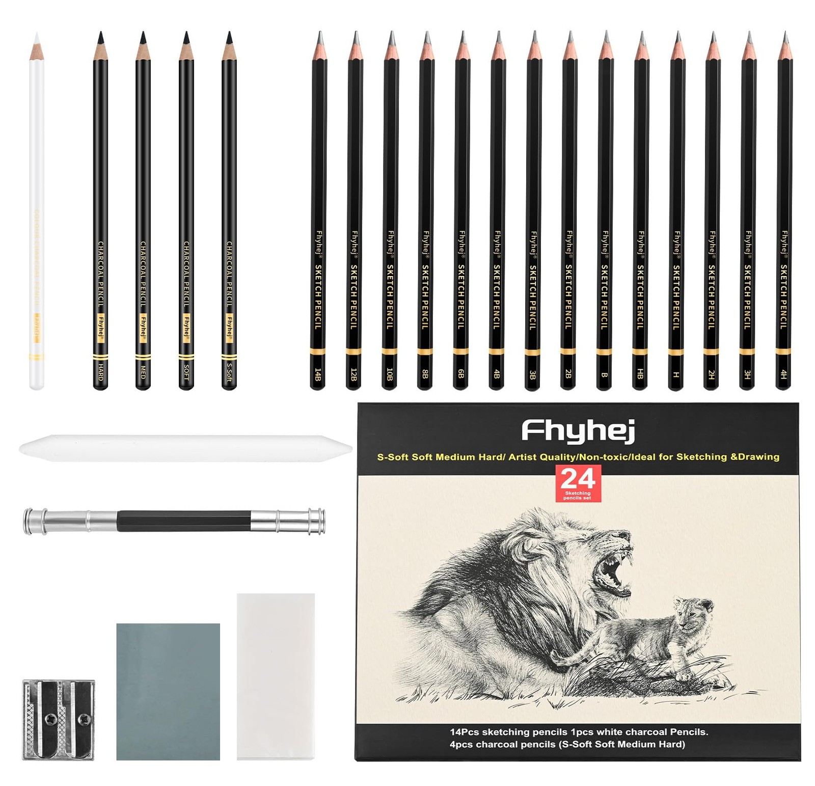 24-Piece Drawing Pencil Set – 14 Graphite Sketch Pencils (14B-4H), 4 Black