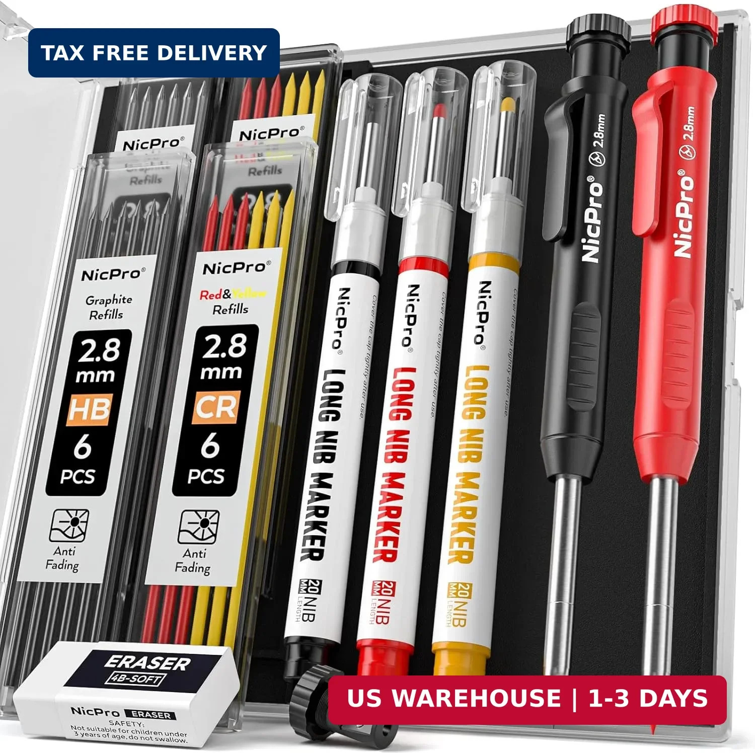 Nicpro CP1000 Carpenter Pencils with Sharpener, 2 Pack | Mechanical Carpenter Pe