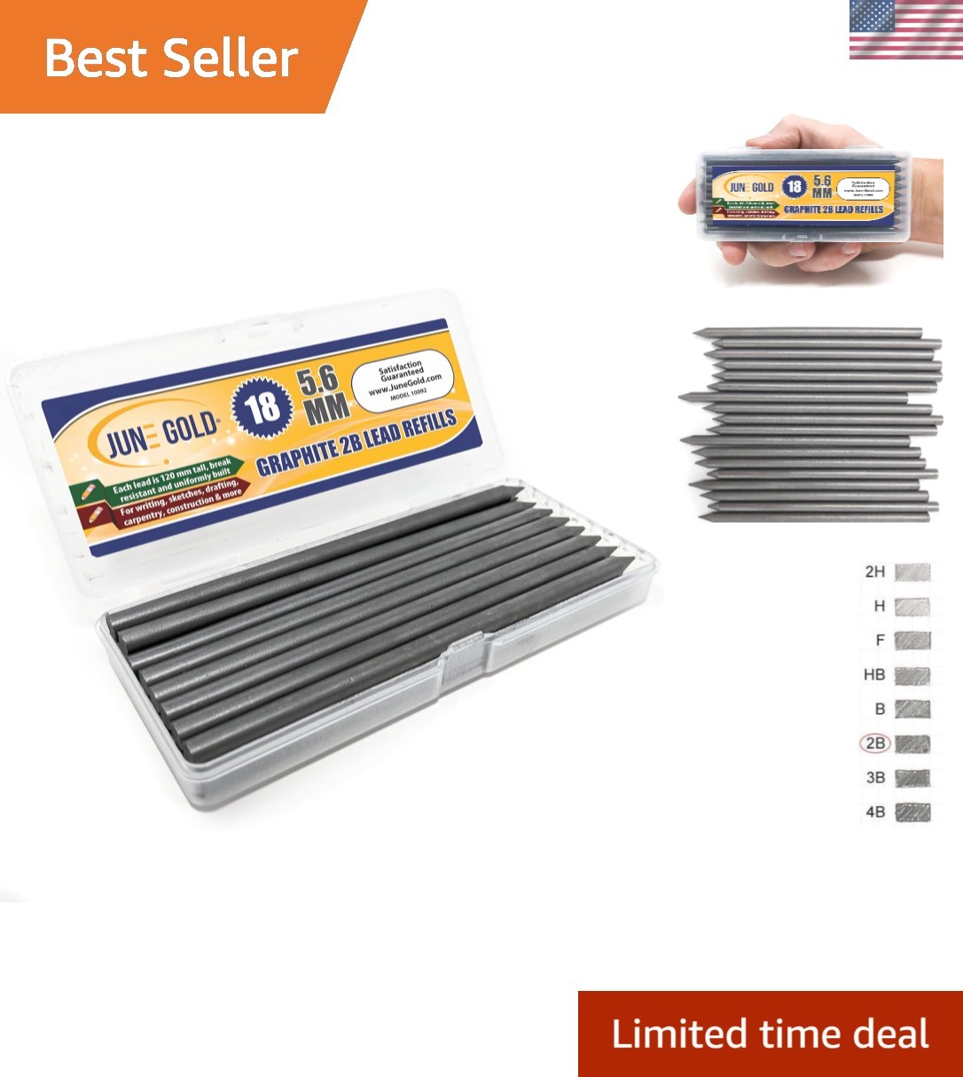 Bulk 18-Pack 5.6 mm 2B Break Resistant Graphite Leads in Reusable Storage Case