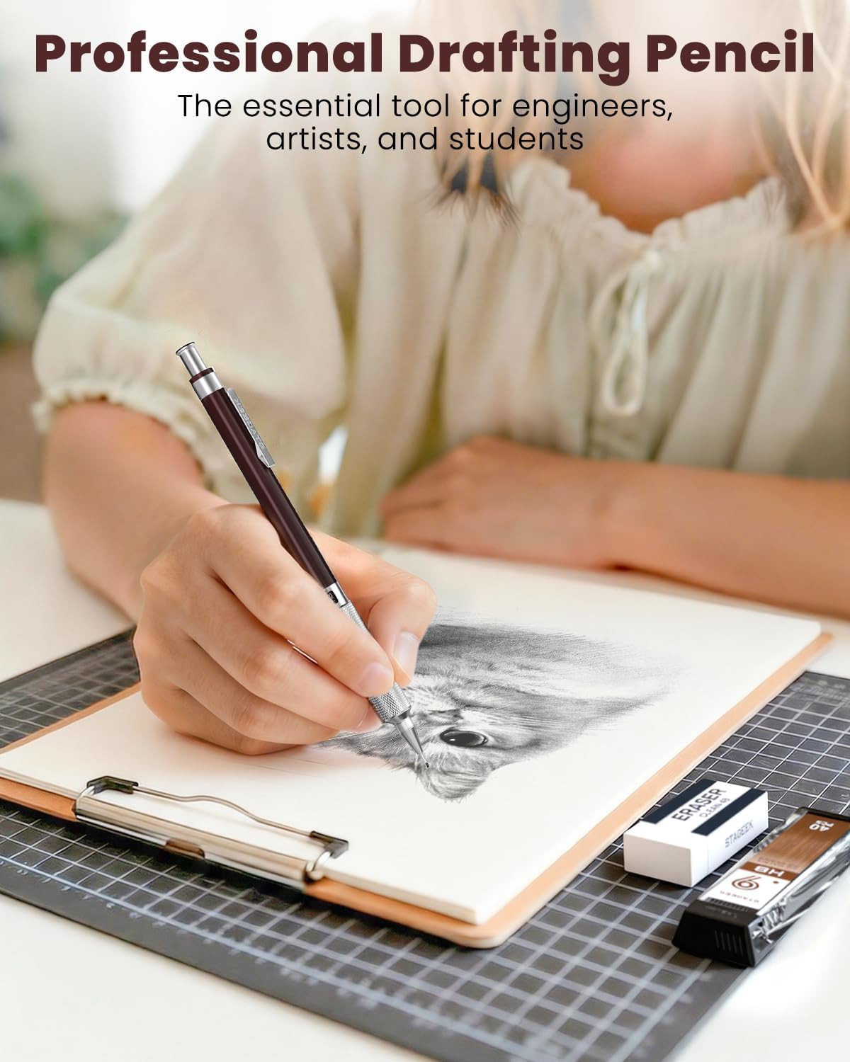 0.9Mm Mechanical Pencil, Metal Art & Drafting Pencil with Eraser and 40 HB Lead