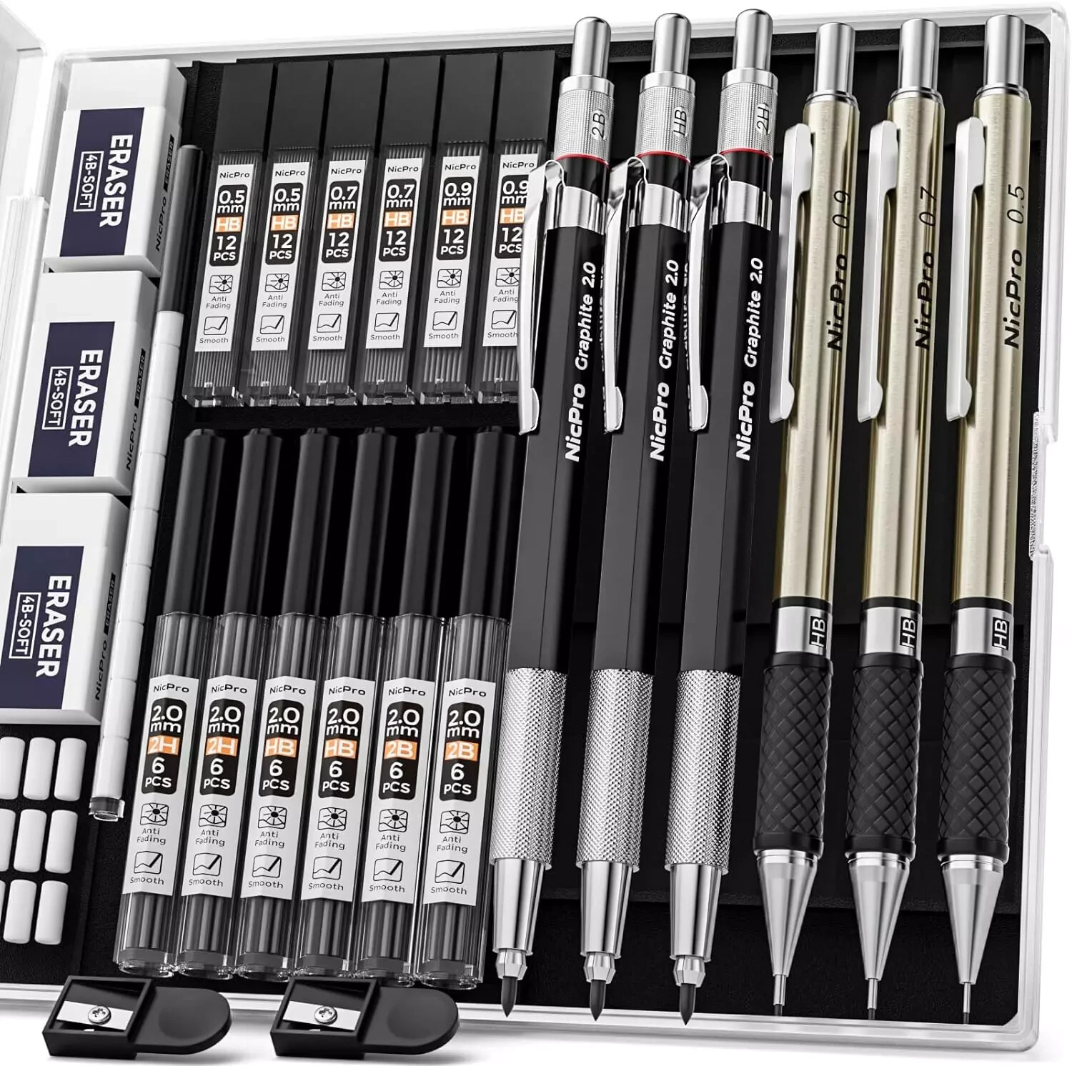 Nicpro 6PCS Art Mechanical Pencil Set, 3PCS Metal Drafting Pencil 0.5 Mm & 0.7 M