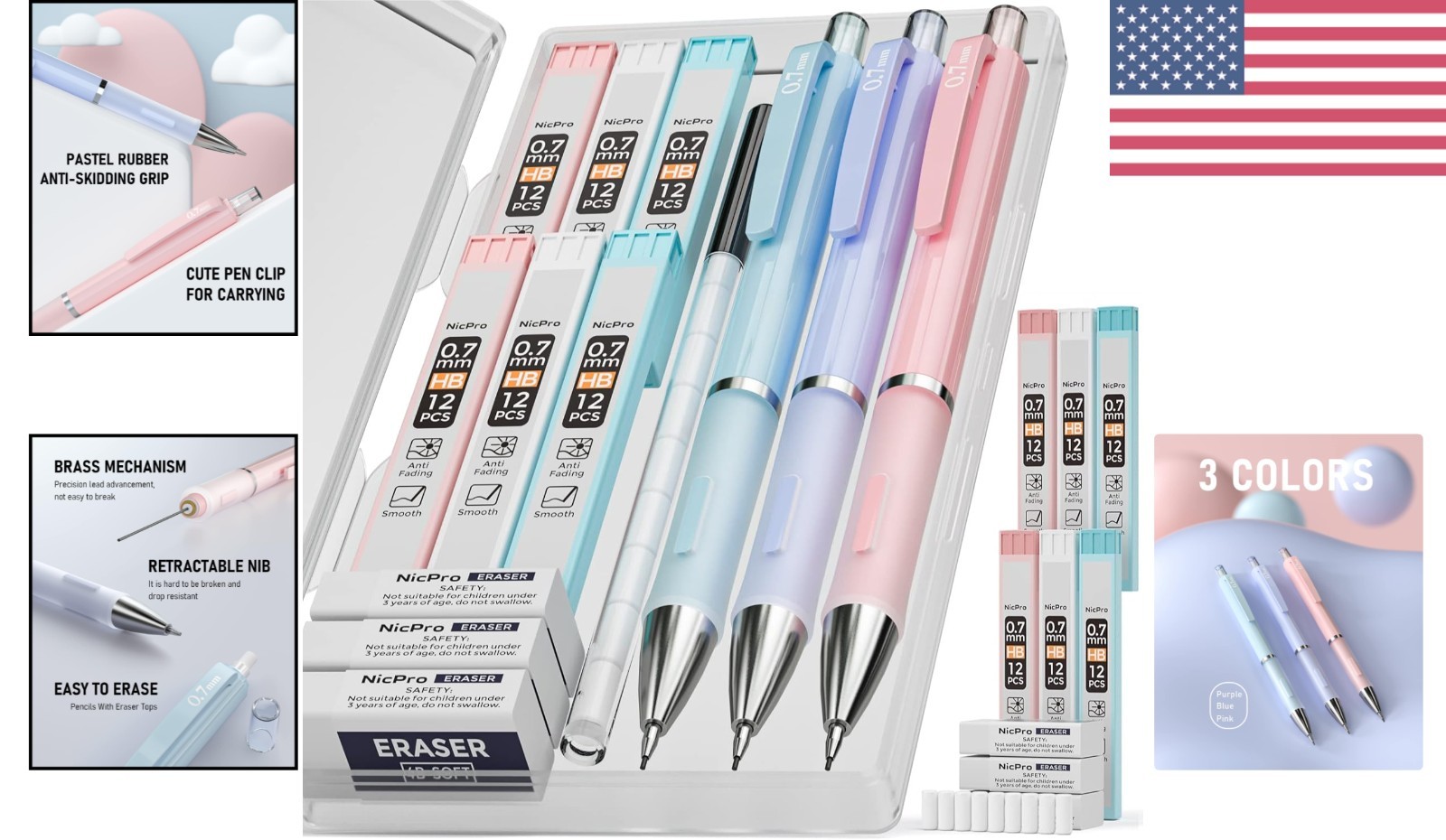 3PCS Cute Mechanical Pencil Set with Case for Students – 0.7mm Lead & Erasers