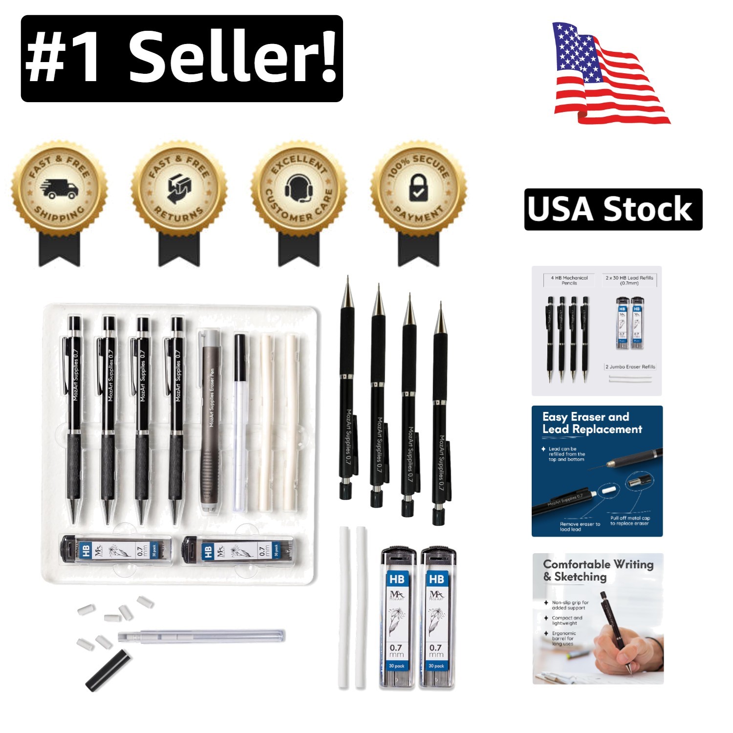 Elegant 0.7mm Mechanical Pencil Set with Eraser & Minimalist Case for Artists