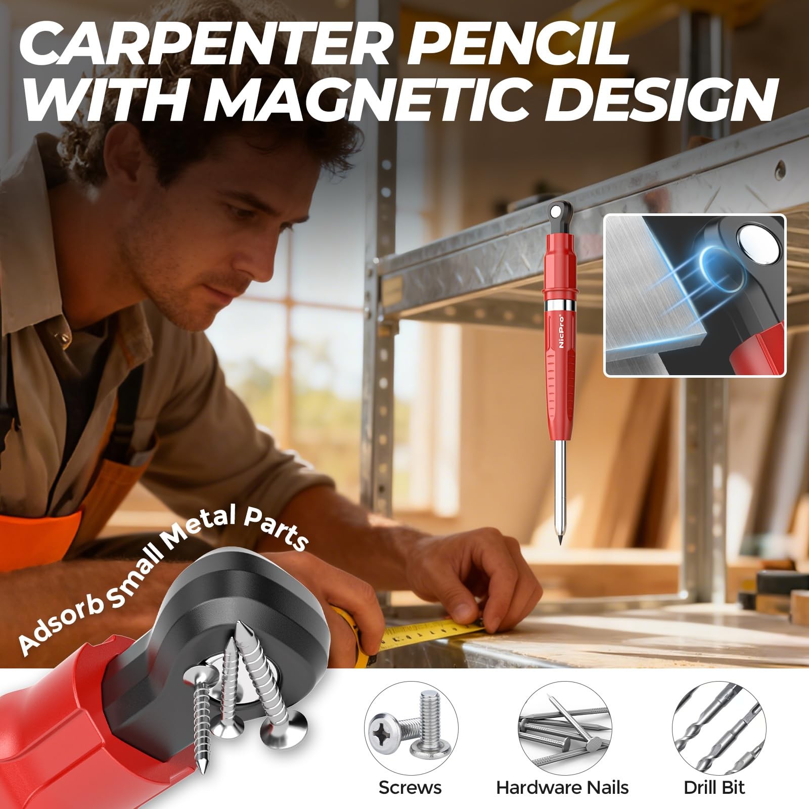 Nicpro 7-in-1 CP5000 Magnetic Carpenter Pencils with 1 Count (Pack of 3), Red