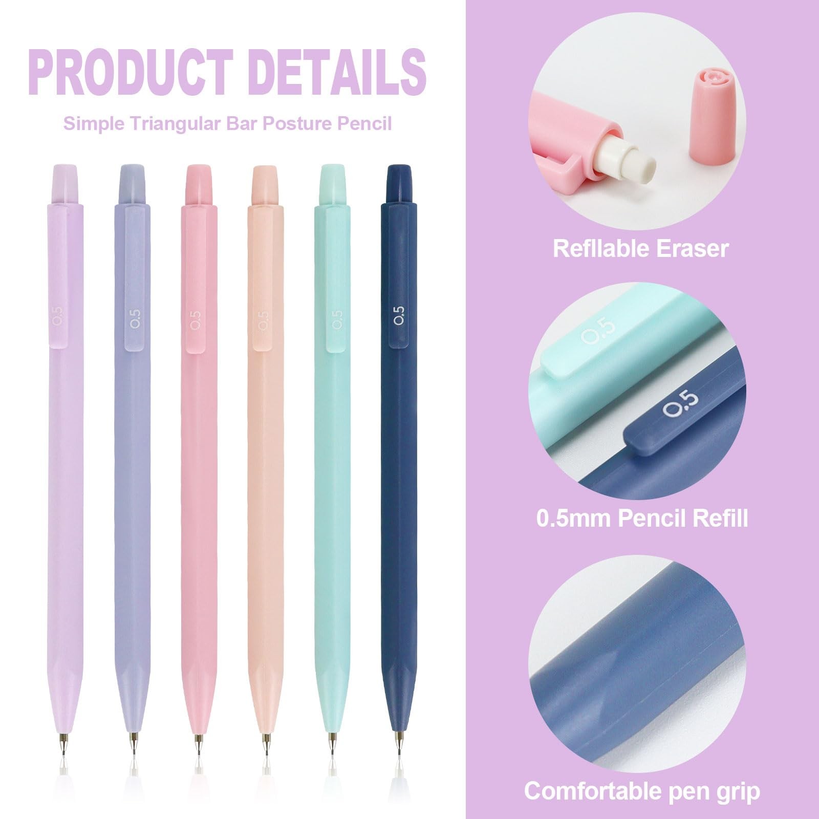 6 PCS 0.5mm Cute Pastel Mechanical Pencils Set with Lead Refills Eraser