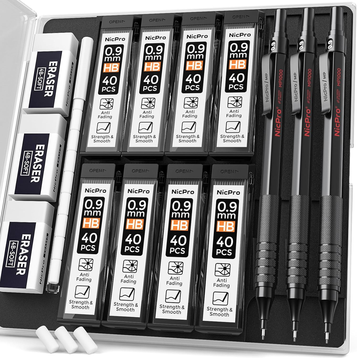 0.9 Metal Mechanical Pencil Set with Case, 3PCS Black MP1000 0.9Mm Drafting Penc