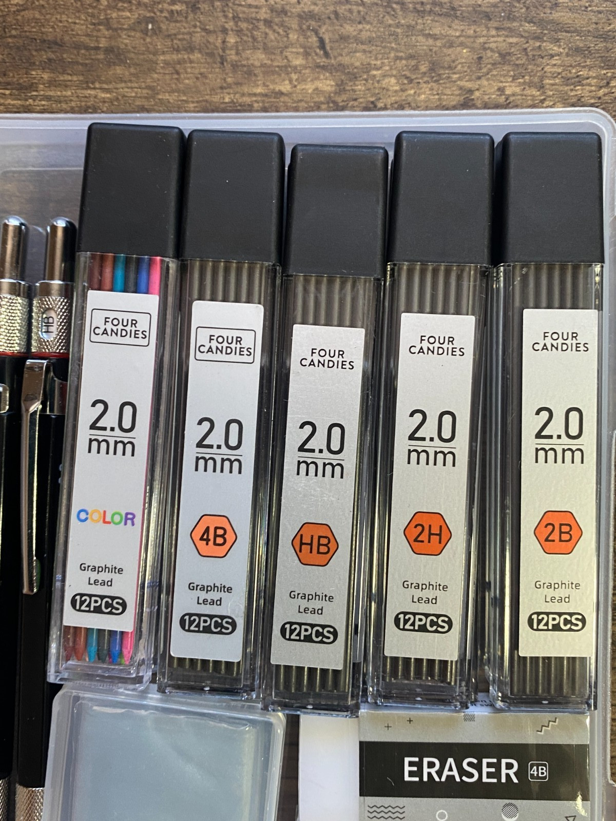 Four Candies Metal Mechanical Pencils Sets with Case 0.5mm, 0.7 mm & 2.0 mm
