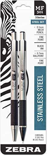 Zebra M/F 301 Stainless Steel Mechanical Pencil and Ballpoint Pen Set, Fine