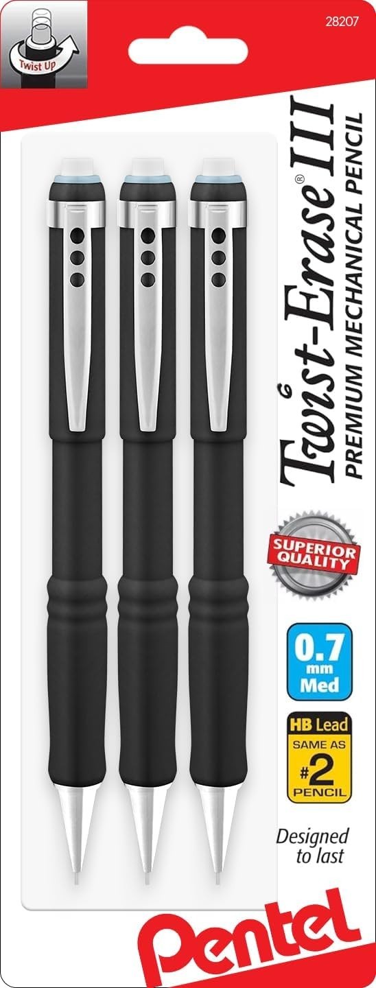 Comfort Grip 0.7mm Twist Erase III Pencils – 3 Count for Effortless Writing