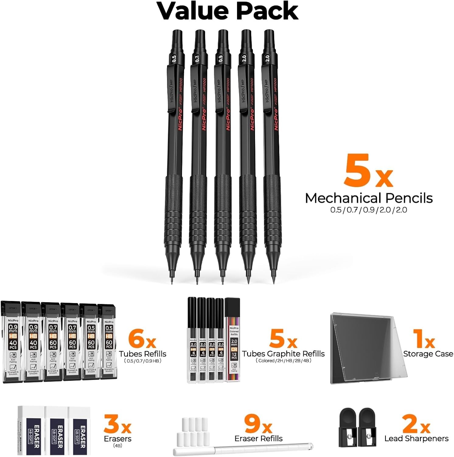 Black Metal Drafting Pencil Set – 22PCS with Ergonomic Grip & 4 Hardness Levels