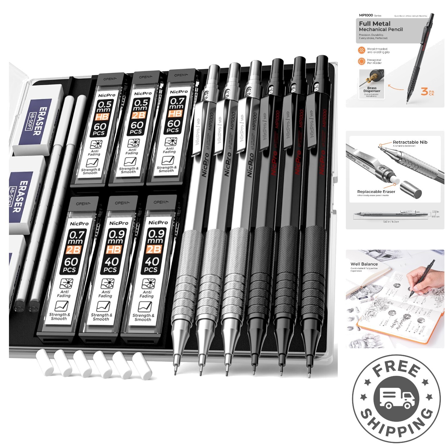 Durable Metal Mechanical Pencil Kit for Artists & Architects – 6PCS with Case