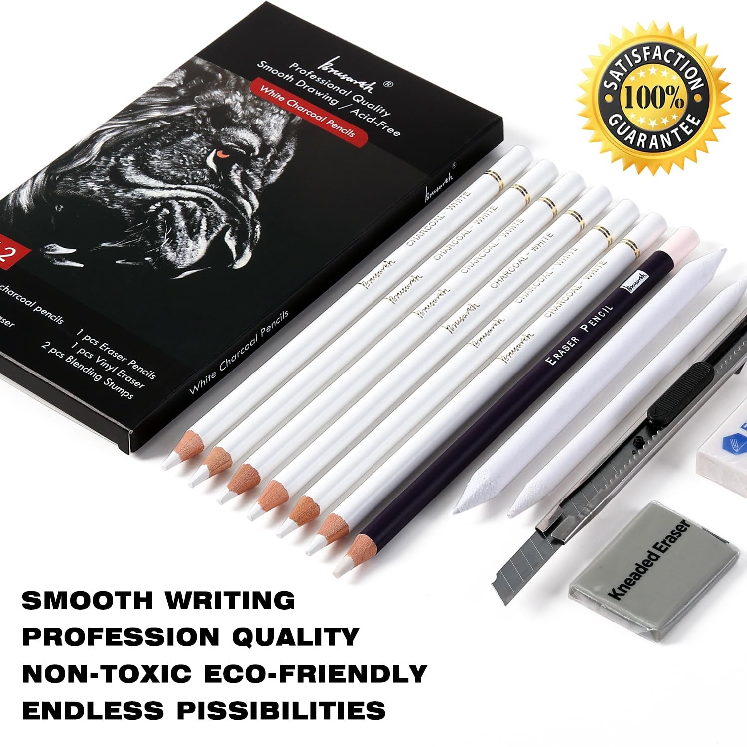 Brusarth White Charcoal Pencils Set – 12 Piece Sketch Highlight