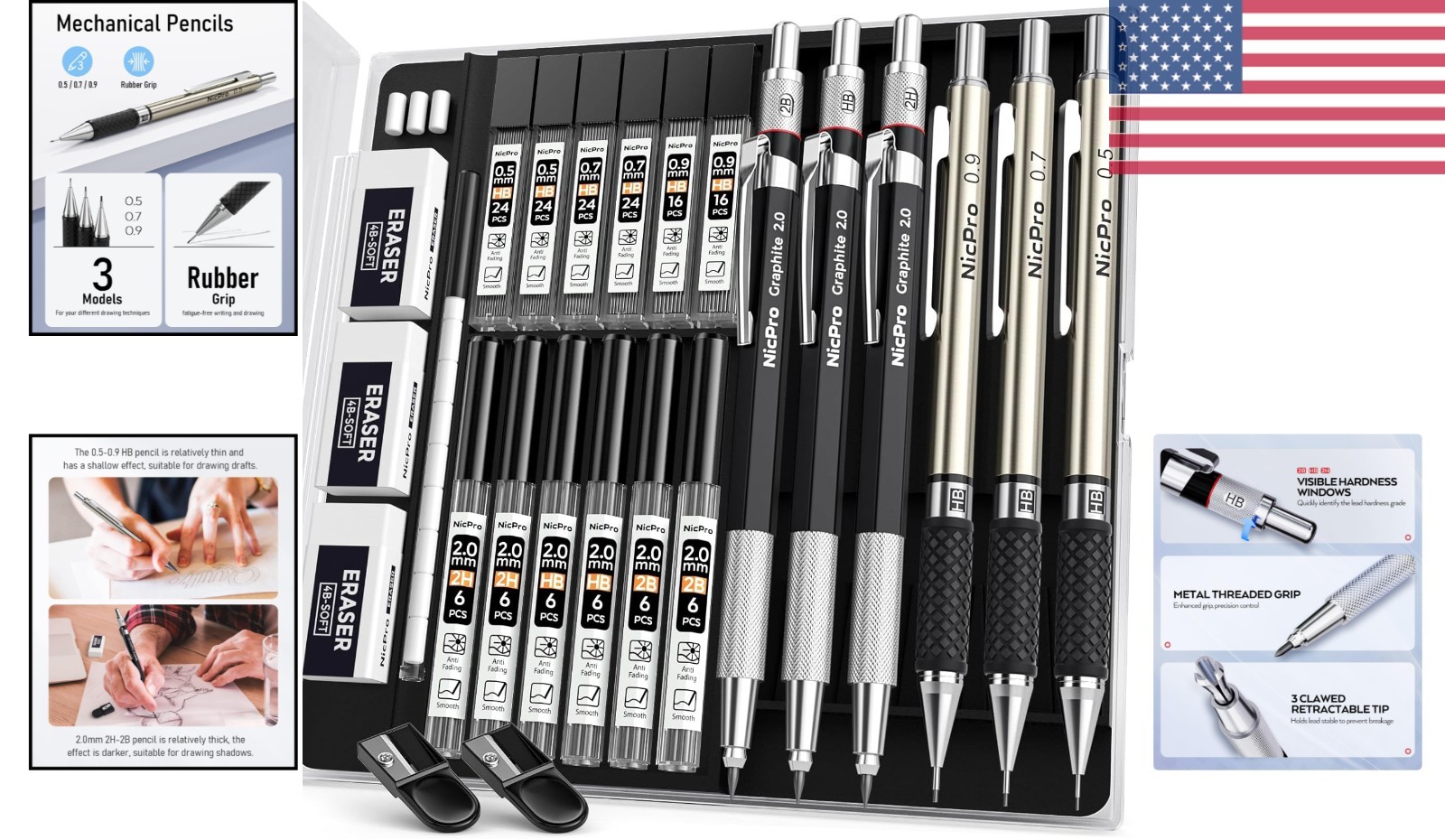 Luxurious Metal Mechanical Pencil Set with Lead Refills & Erasers Included