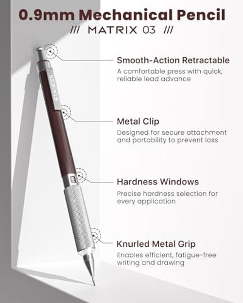 0.9mm Mechanical Pencil, Metal Art & Drafting Pencil with Eraser and 40 Brown