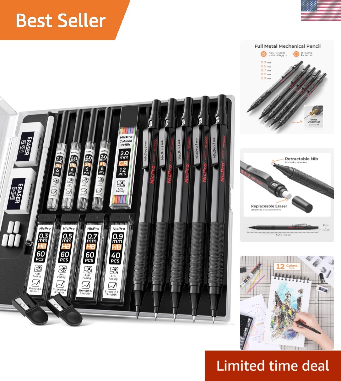 Durable 5-Piece Mechanical Pencil Set: Perfect for Drawing & Drafting Excellence
