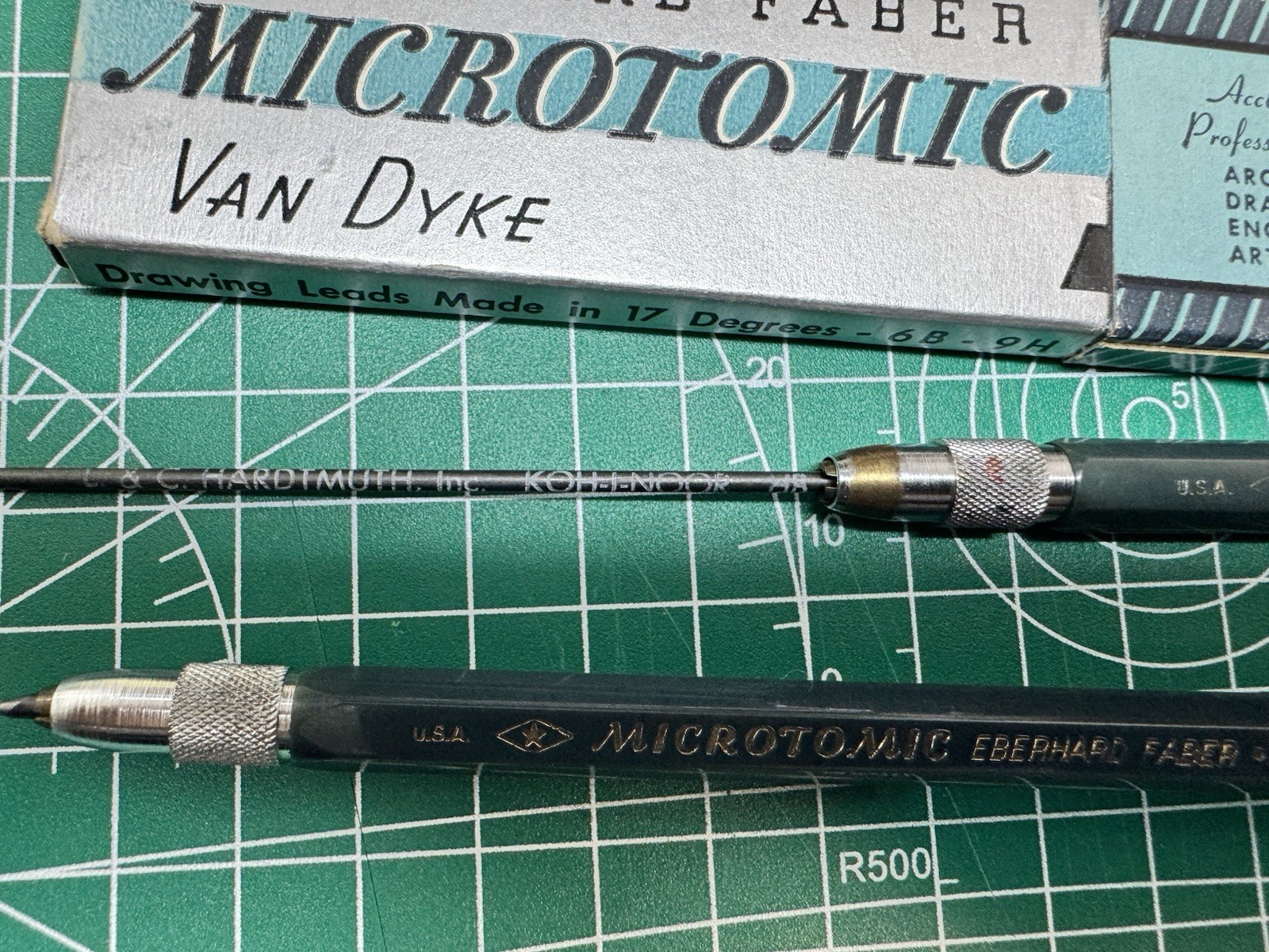 2 Eberhard Faber Microtomic Green Lead Holders with Van Dyke & Boxed 4H Leads