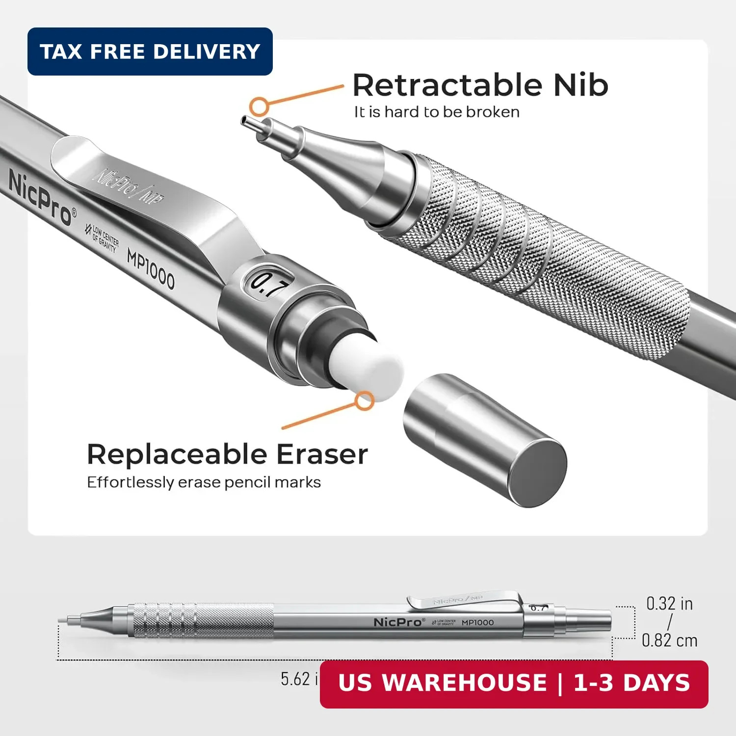 Nicpro 2 PCS Metal Mechanical Pencil 0.5mm & 0.7 mm with Case, MP1000 Pencil Set