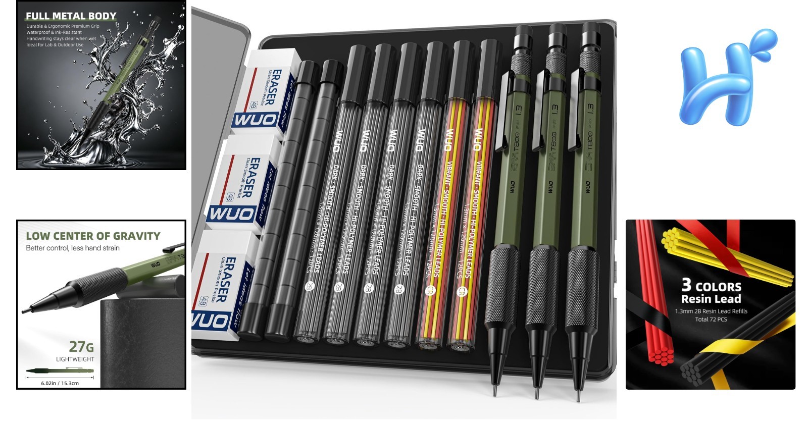 All-in-One 1.3mm Mechanical Pencil Set with Color-Coded Leads + Erasers – 3 Pack