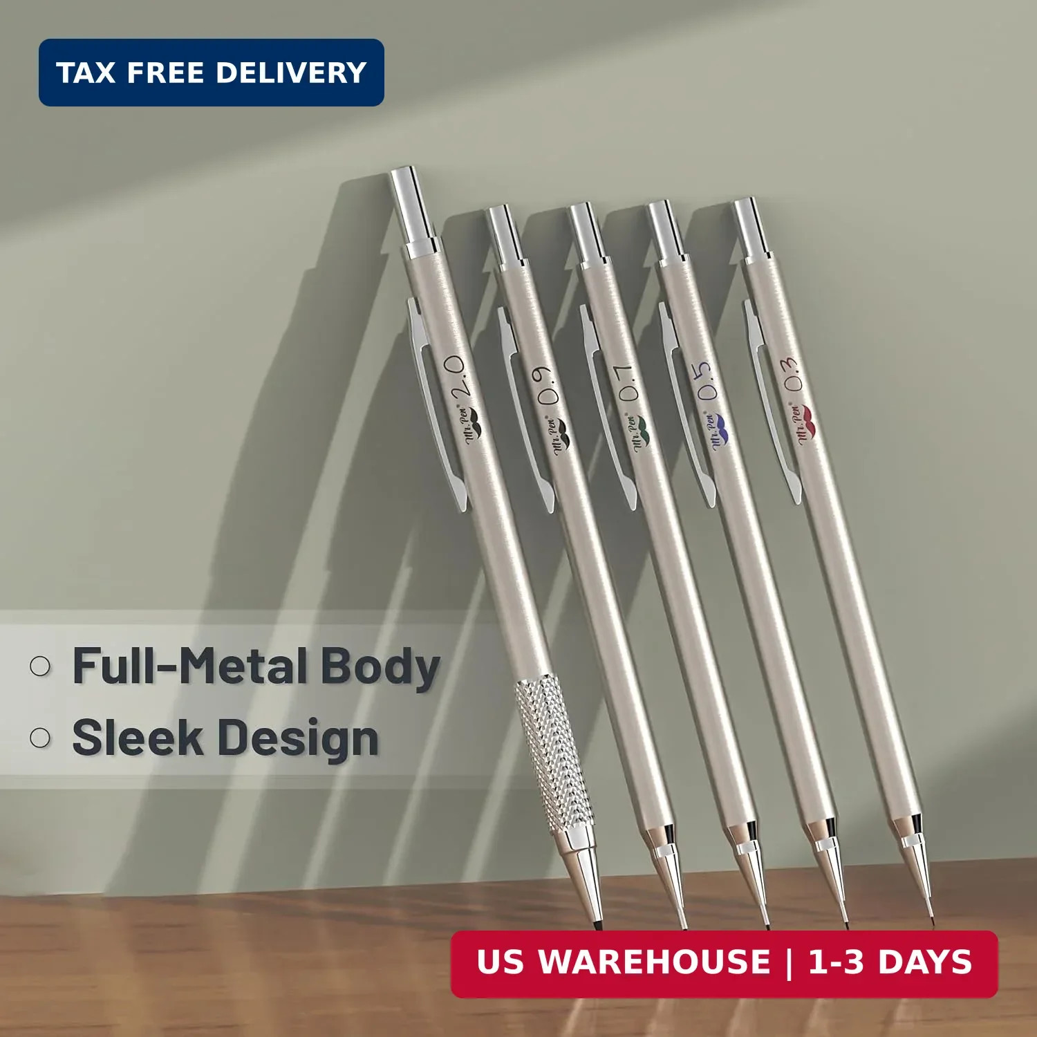 – Metal Mechanical Pencil Set with Lead and Eraser Refills, 5 Sizes