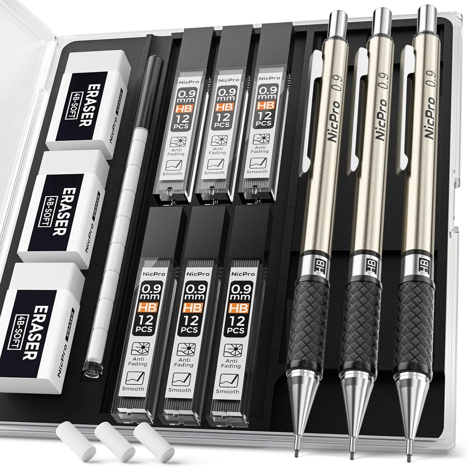 Nicpro 0.9 mm Mechanical Pencil Set with Case, 3PCS Metal 0.9MM, Metallic