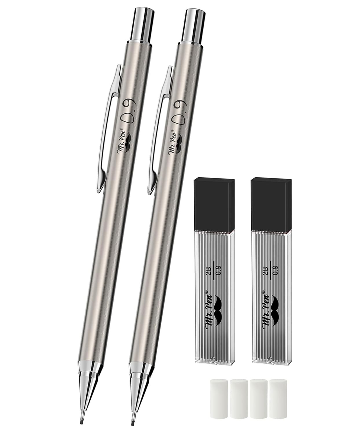 Mr. Pen- Metal Mechanical Pencil Set with Lead Refills & Erasers, 2 Pack, 0.9mm,