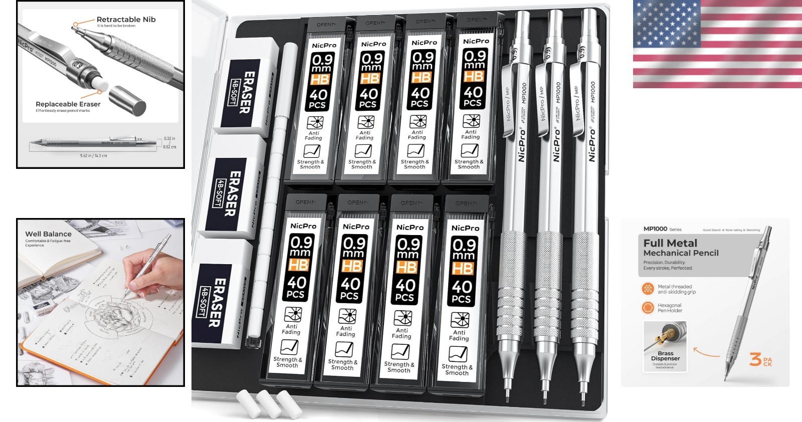 Elegant 0.9mm Mechanical Pencil Set with Case – Ideal for Artists & Students