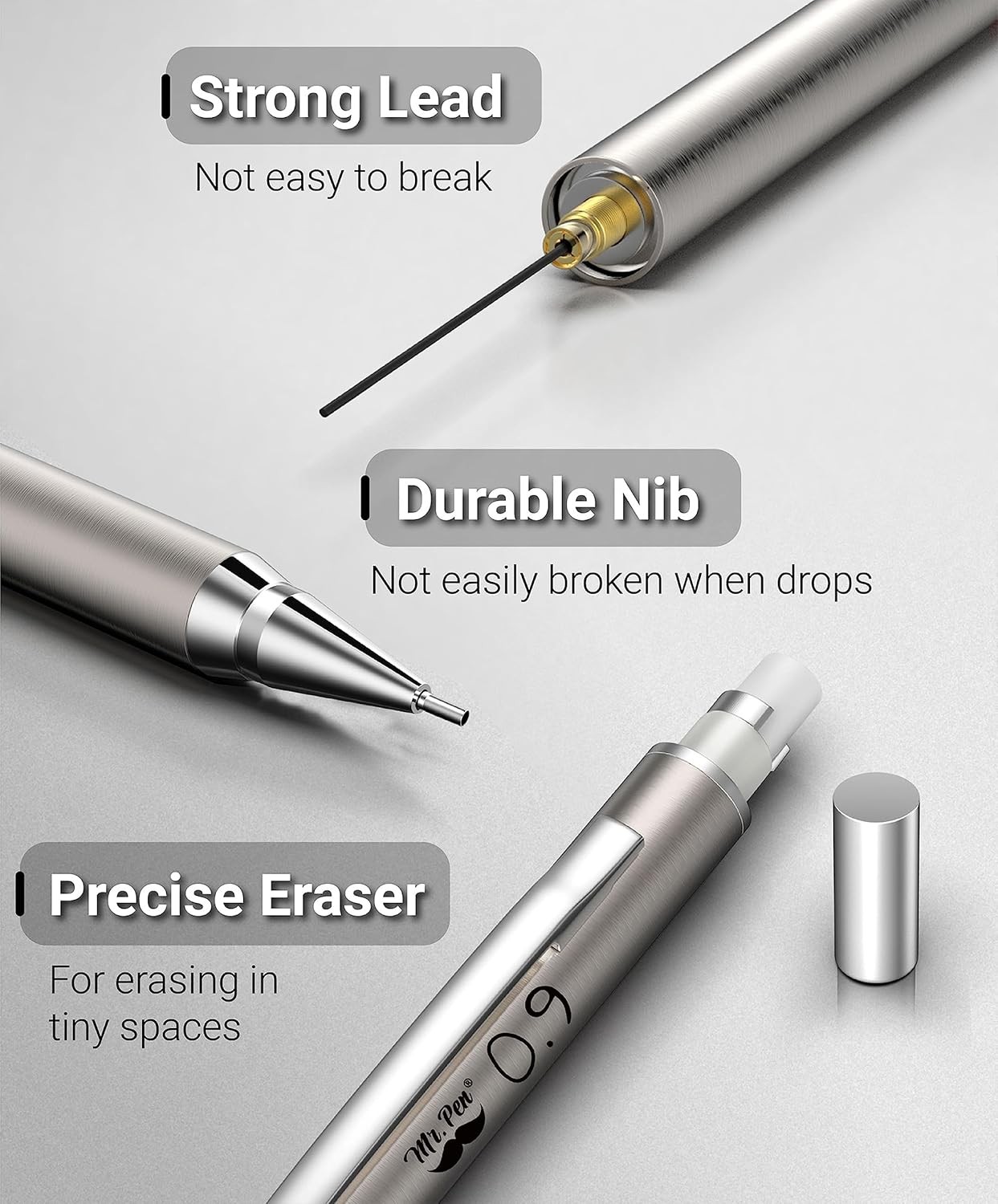 Mr. Pen- Metal Mechanical Pencil Set with Lead Refills & Erasers, 2 Pack, 0.9mm,