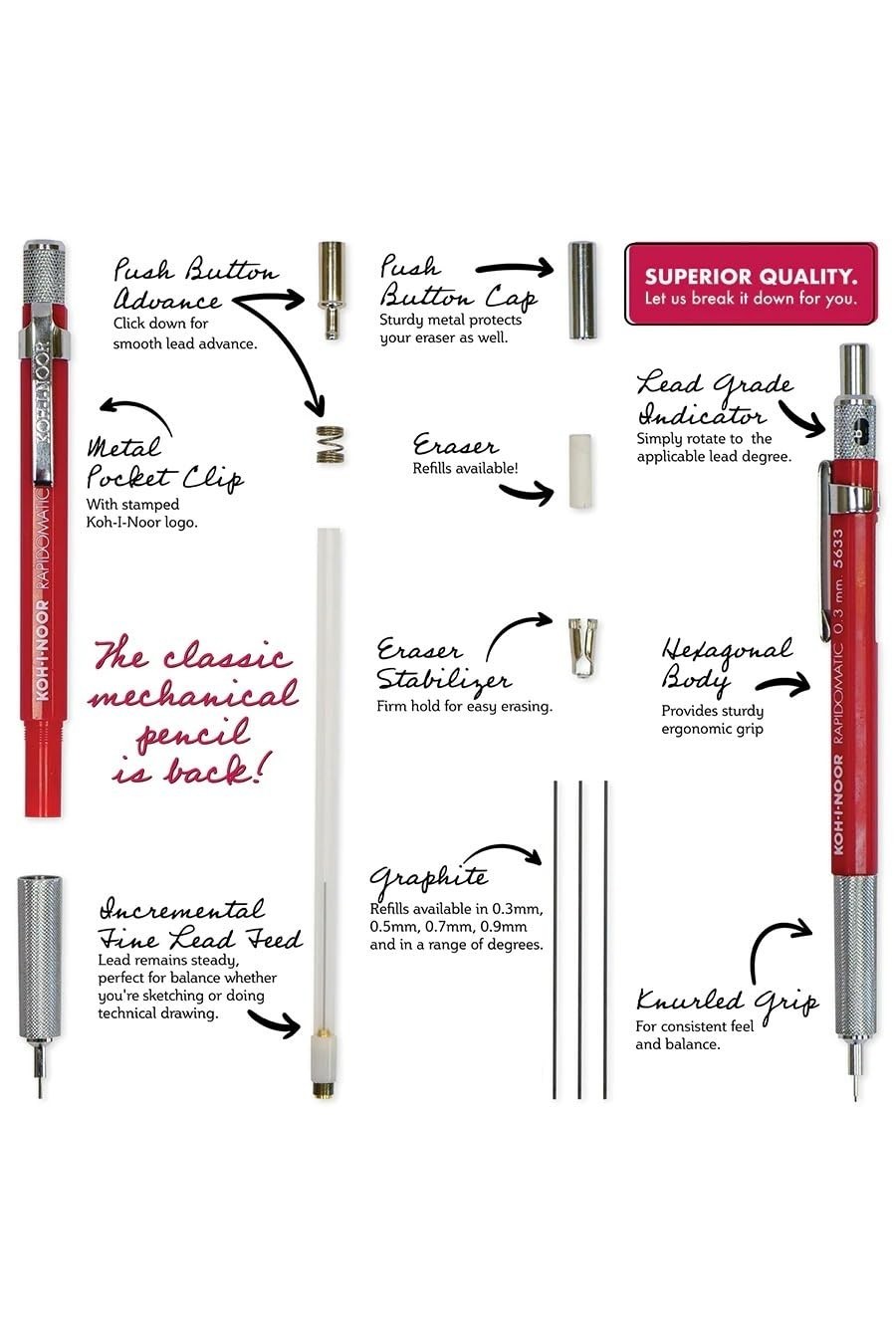 Mechanical Pencil .7mm Lead, Rapidomatic Design, Gray Color, Precision Writing T