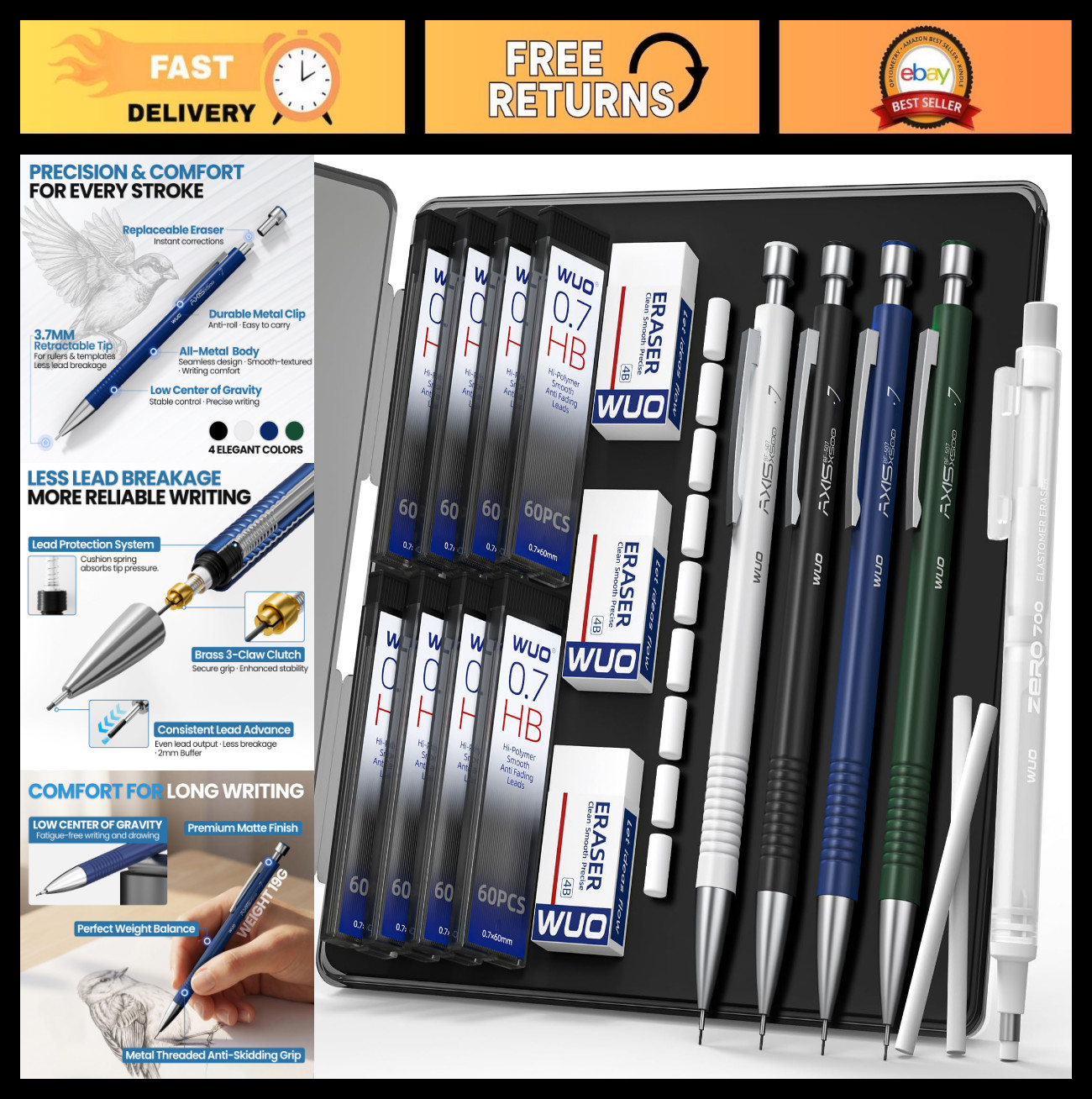 0.7mm Mechanical Pencil Set – 4 Metal Pencils, 480 HB Lead Refills, Erasers for