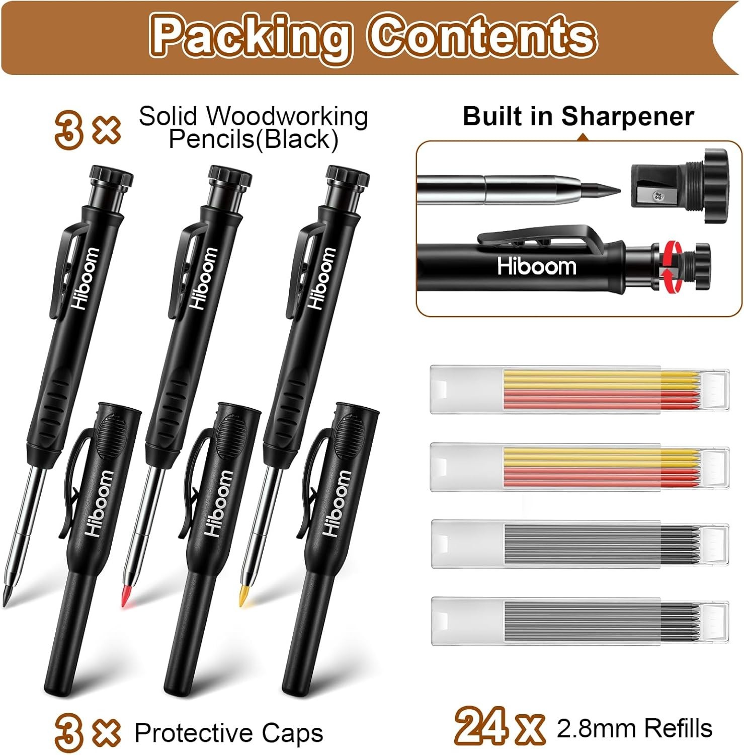 3 Pack Carpenter Pencils Set with 24 Refills, 2.8 Mm Mechanical Carpenter Pencil