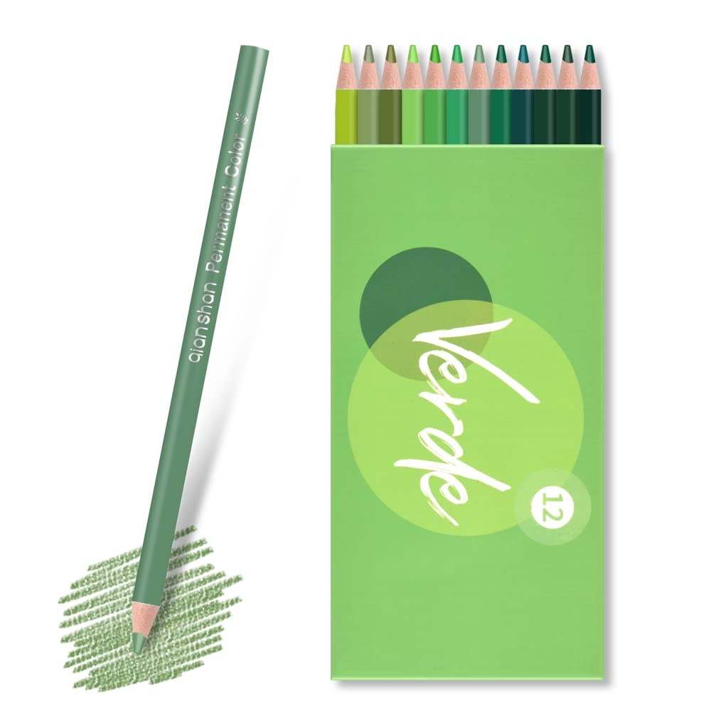 qianshan 12 Green Colored Pencils Oil Based Pre-sharpened 12 green pencils