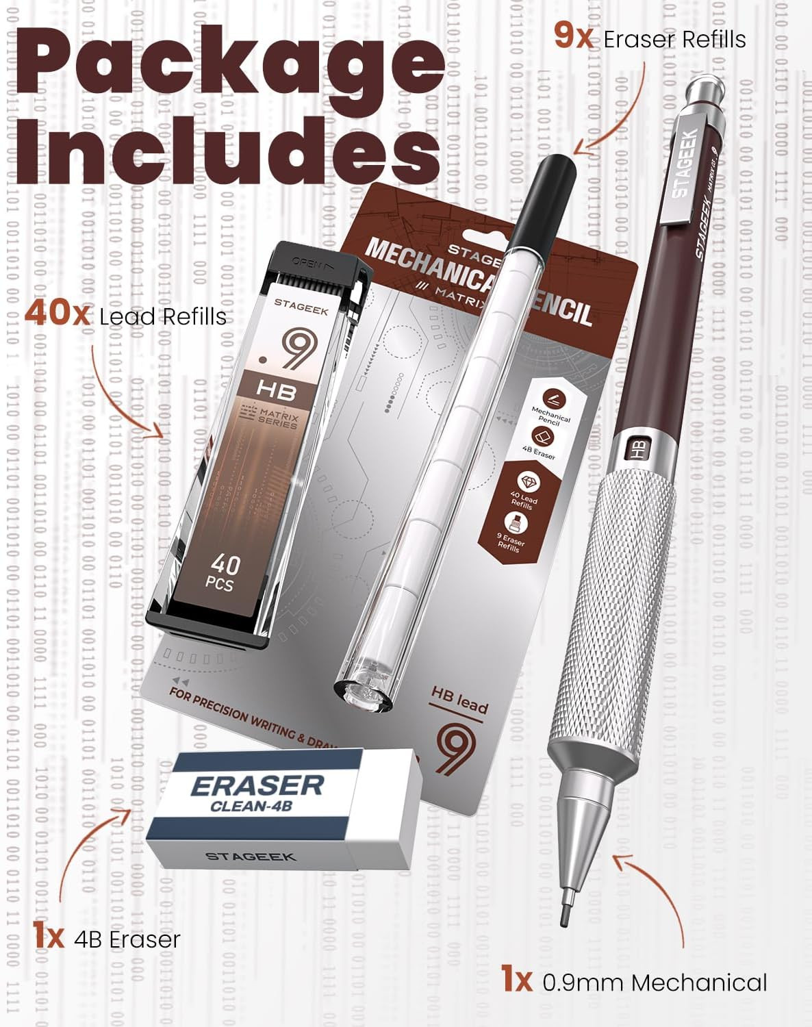 0.9Mm Mechanical Pencil, Metal Art & Drafting Pencil with Eraser and 40 HB Lead