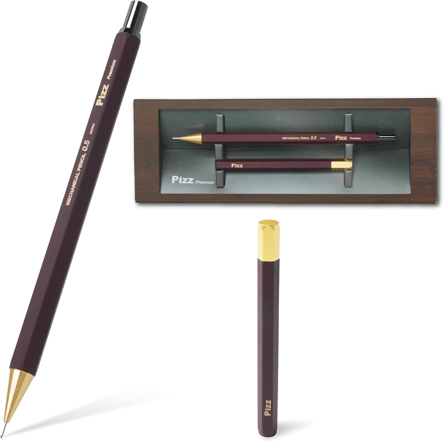 Pizz Premium Brass Mechanical Pencil 0.5mm & Lead Case Set – Bordeaux Brown – JP