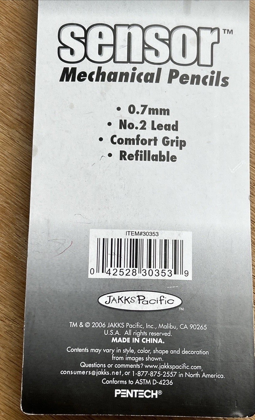 NOS 3 Pentech Sensor Mechanical Pencils .7mm 2006 New In Package Leads, Erasers