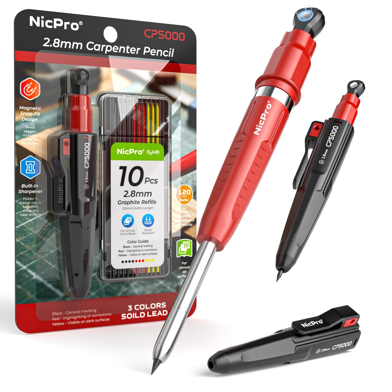 7-in-1 CP5000 Magnetic Carpenter Pencils with Sharpener 1 Count (Pack of 3), Red