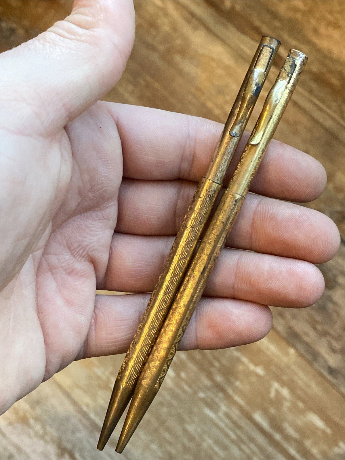 2 Early Telescoping Collapsible Fancy Gold Filled Mechanical Pocket Pencil AS IS