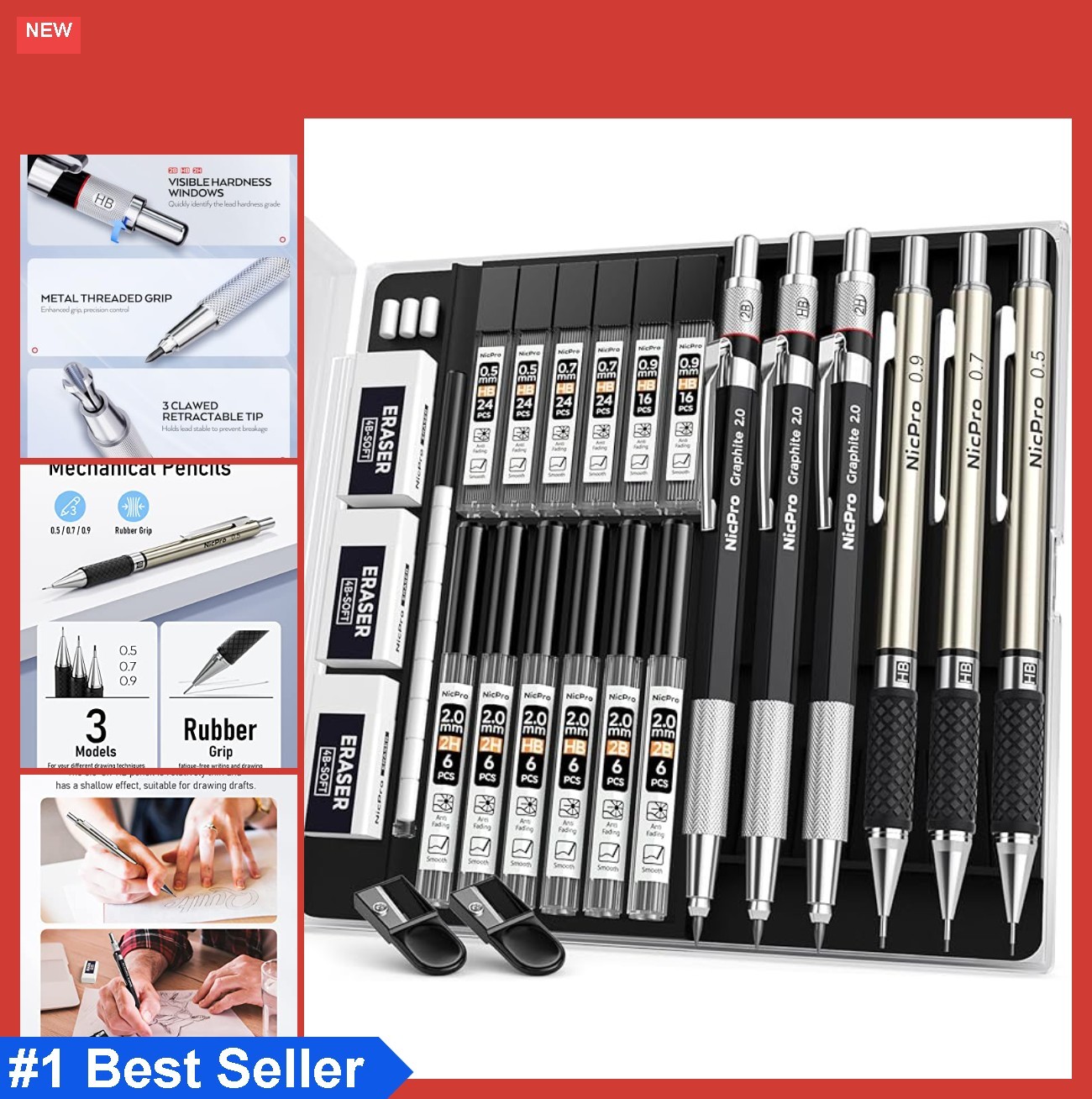 Mechanical Pencil Set 6 PCS Metal Drafting Pencils 0.5mm 0.7mm 0.9mm 2mm with