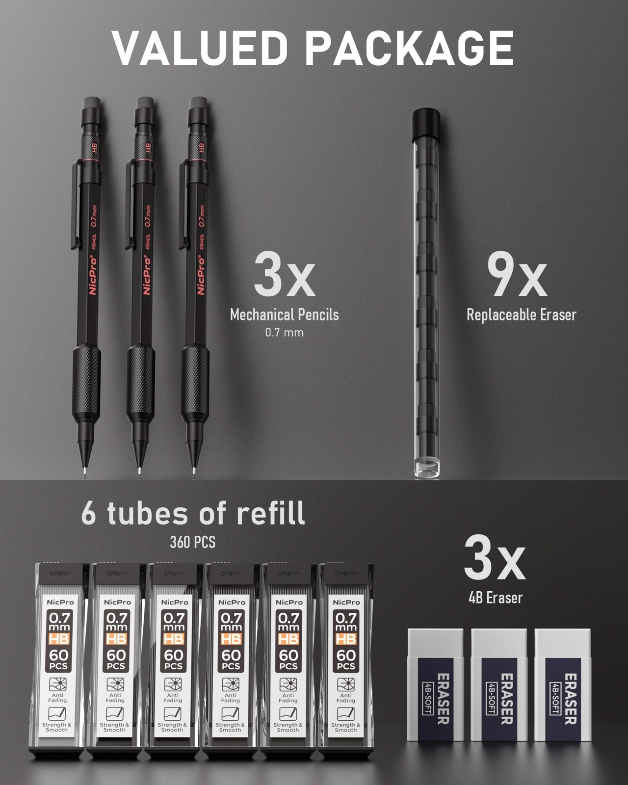 Nicpro 0.7 mm Mechanical Pencil Set with Case, 3PCS MP2000 Metal 0.7mm, Black