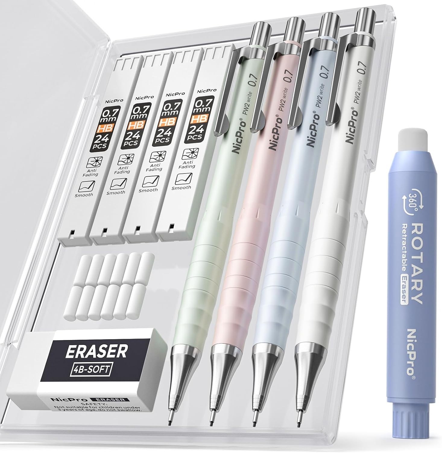 All-in-One Aesthetic 4PCS Mechanical Pencils, Lead Refills & Erasers for School