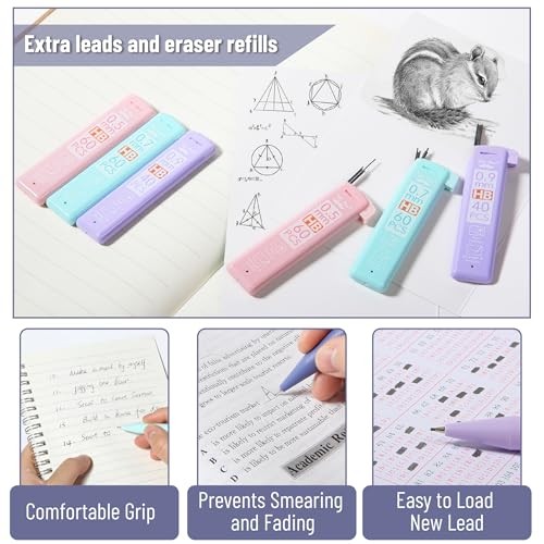 – Pastel Mechanical Pencil Set with Lead Refills & Erasers, 6 Pack | 3 Sizes,