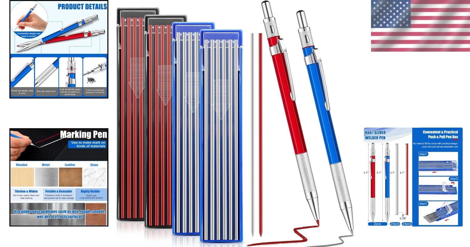 Knurled Grip Welders Pencil Set: 2 Units with 48 Refills – Ideal for Carpentry
