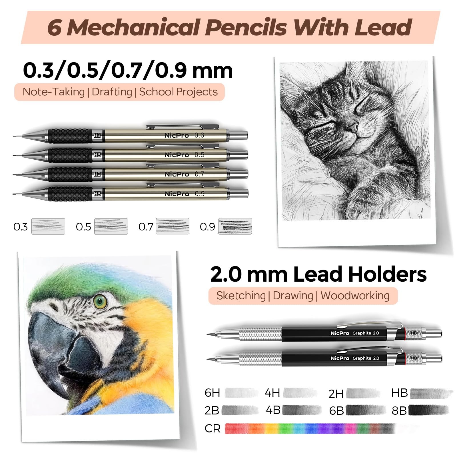 Nicpro 58 PCS Art Drawing 0.3mm 0.5mm 0.7mm 0.9mm 2.0mm, Black+Cowhide