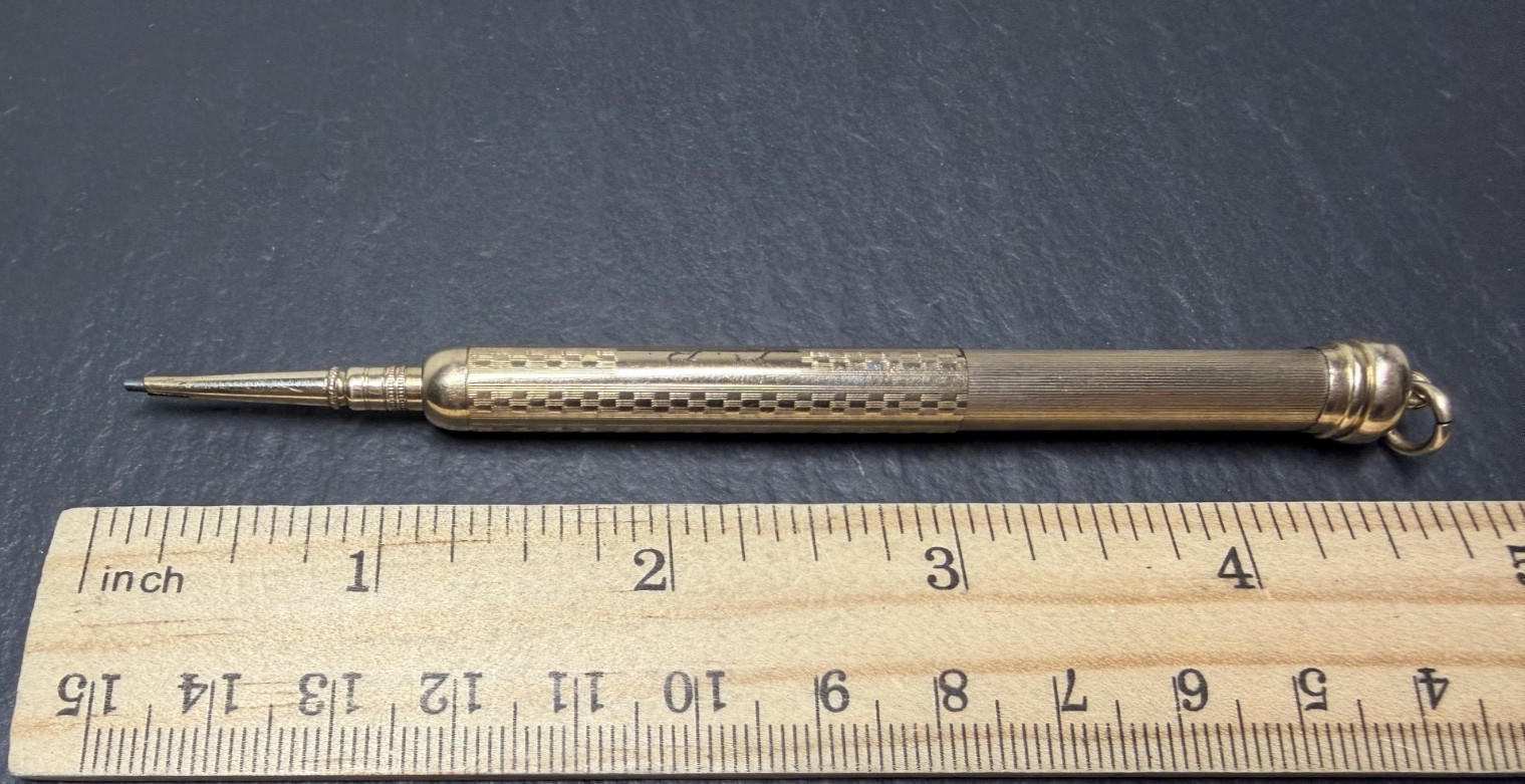 ANTIQUE GOLD FILLED TELESCOPING MECHANICAL PENCIL WITH LOOP, MONOGRAM N1006
