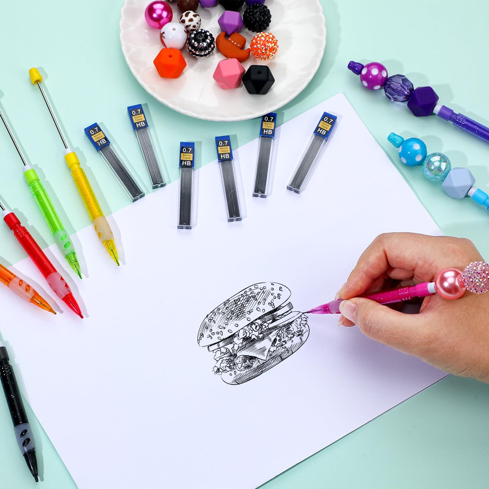 16 Pcs Beadable Mechanical Pencils Set Colored Mini Beadable Pencils with Lea…