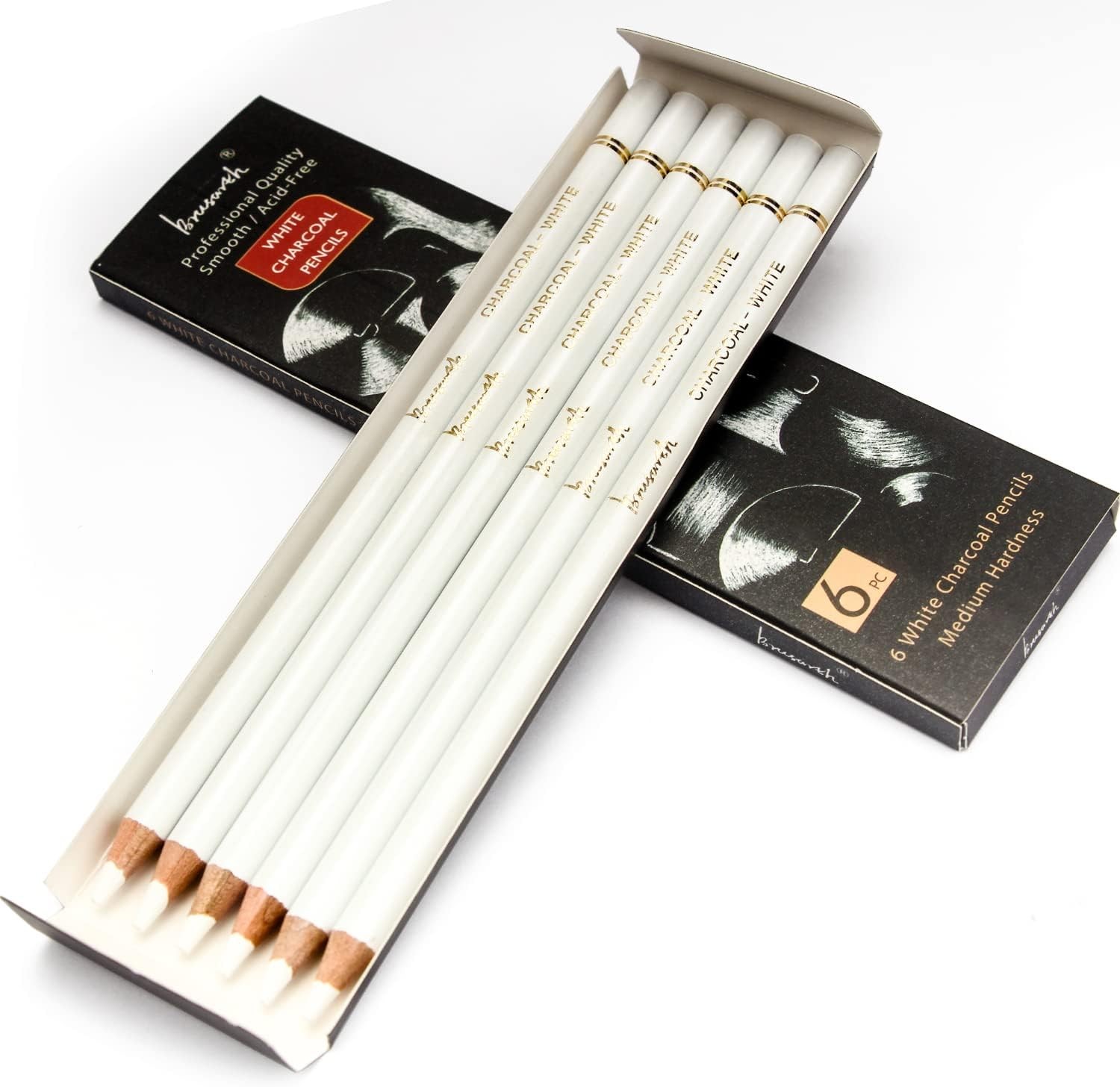 White Charcoal Pencils Drawing Set, Professional 6-Piece Sketch,