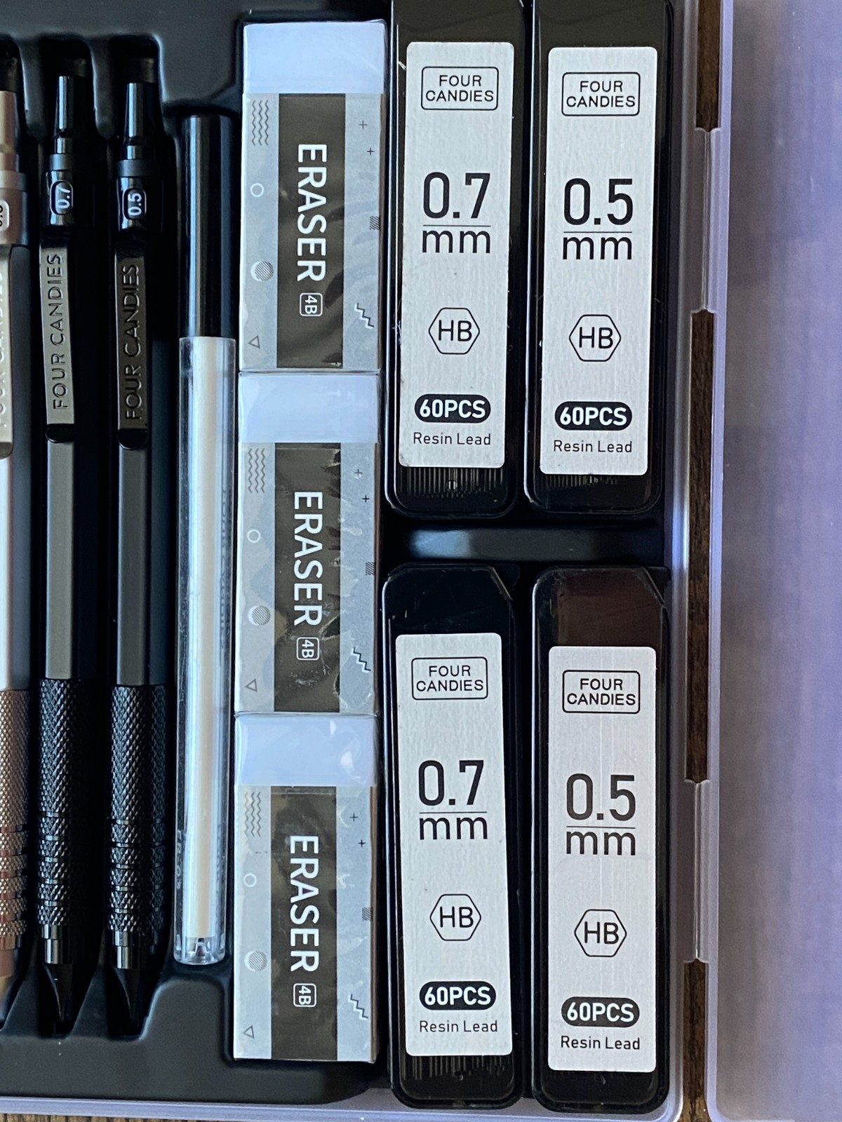 Four Candies Metal Mechanical Pencils Sets with Case 0.5mm, 0.7 mm & 2.0 mm