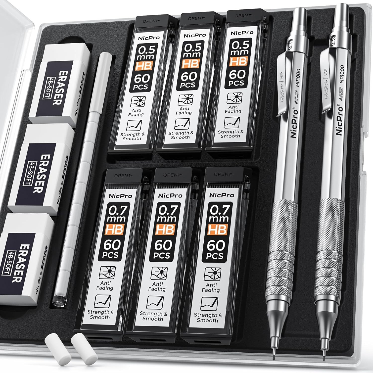 Nicpro 2 PCS Mechanical Pencil 0.5mm & 0.7 mm with Case, 17 Piece Set, Silver