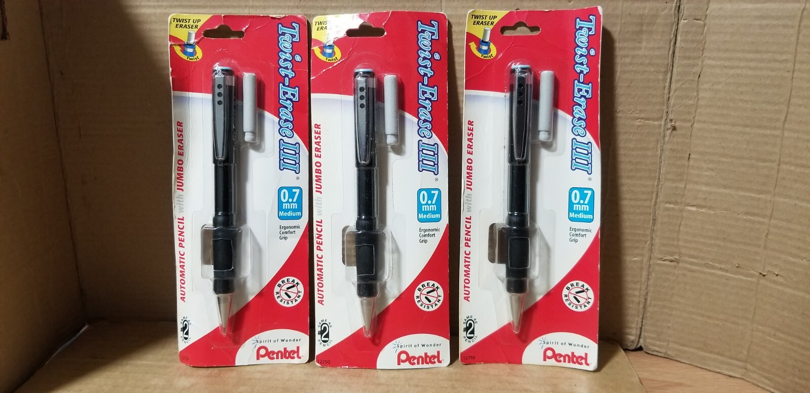 3PK Pentel Twist Erase III Automatic Pencil 0.7mm Black Barrels, NOS