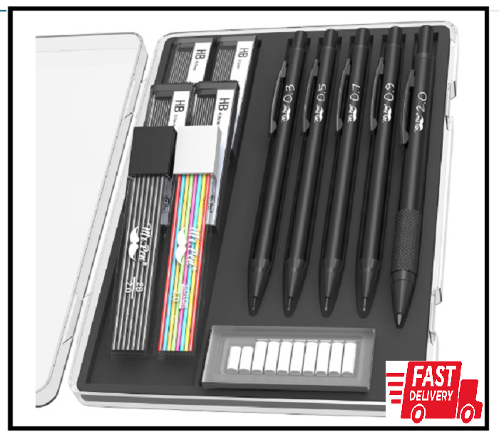 – Metal Mechanical Pencil Set with Lead and Eraser Refills 5 Sizes Black 0.3