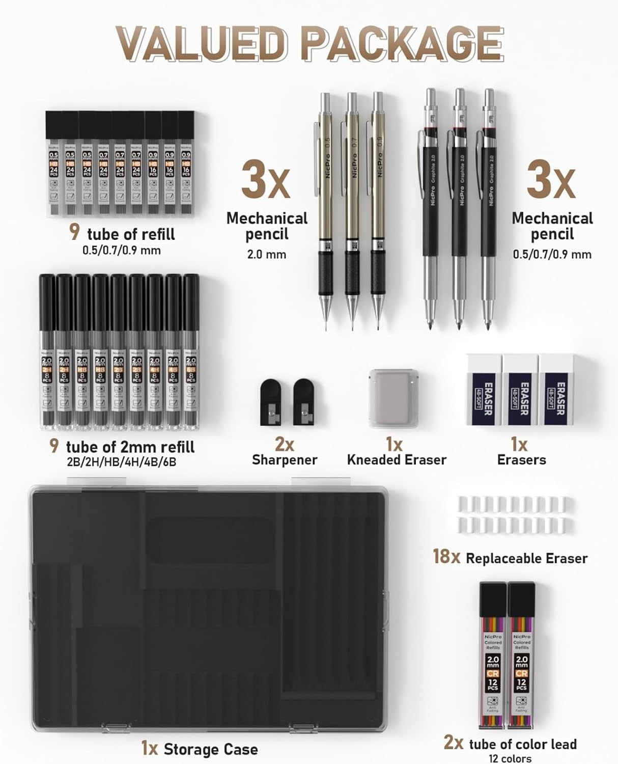 35PCS Art Mechanical Pencil Set, 3 PCS Metal Drafting Pencil 0.5 Mm & 0.7 Mm & 0